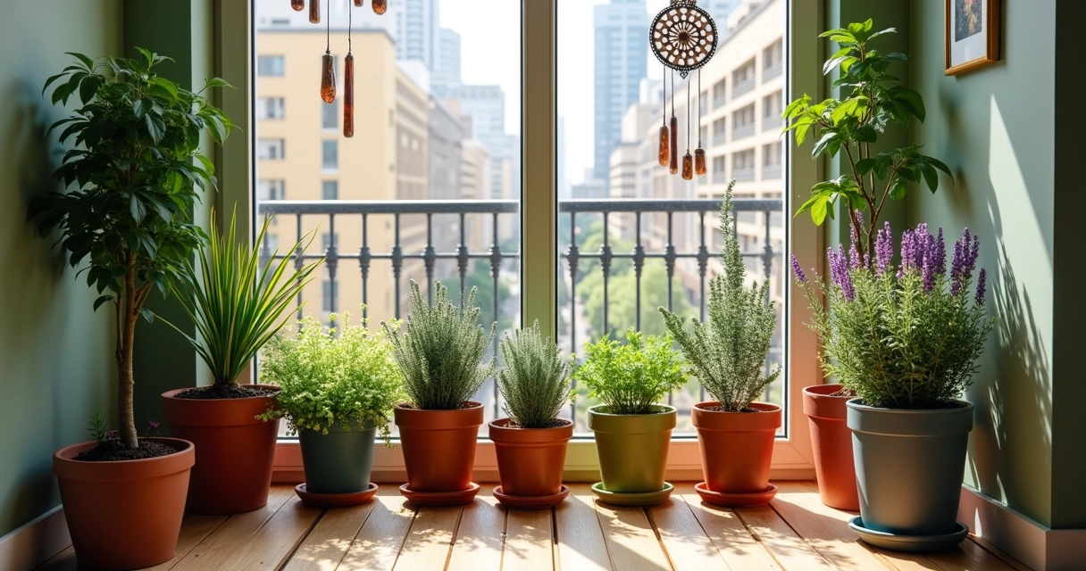Jardim de varanda com plantas de proteção energética. 