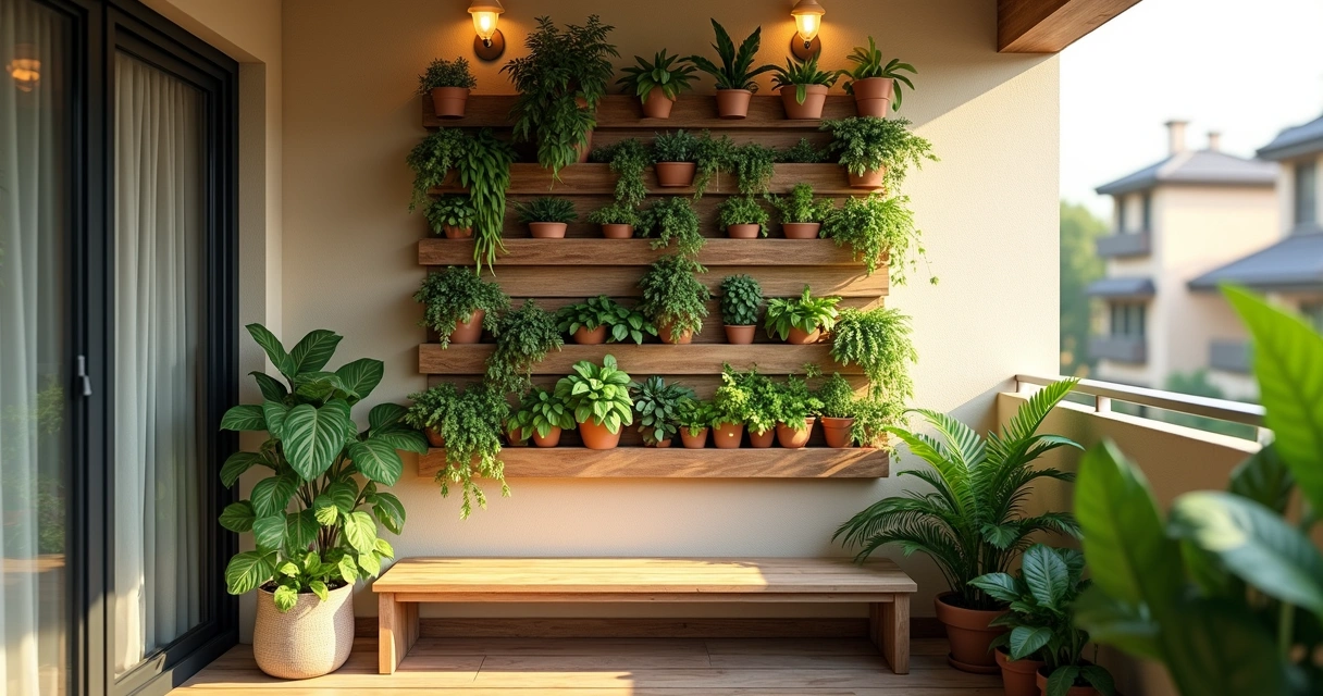 Estrutura de jardim vertical com samambaias e vasos pendentes em parede de varanda pequena. 