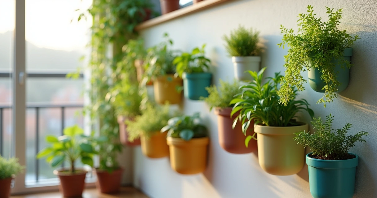 Jardim vertical com vasos em parede de apartamento pequeno.