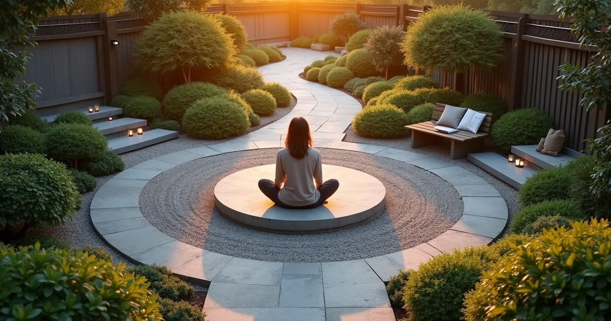 Persona meditando en jardín visto desde arriba con trayectos marcados 