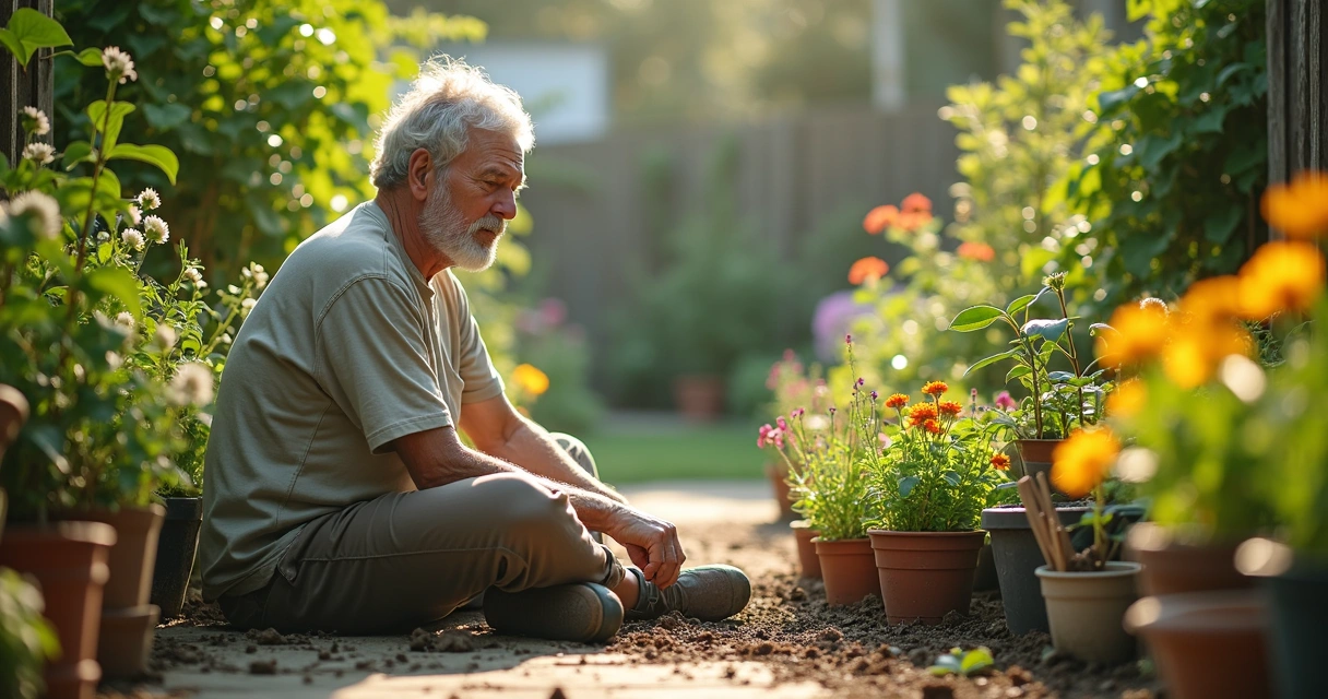 Pessoa cuidando de plantas em um jardim pequeno