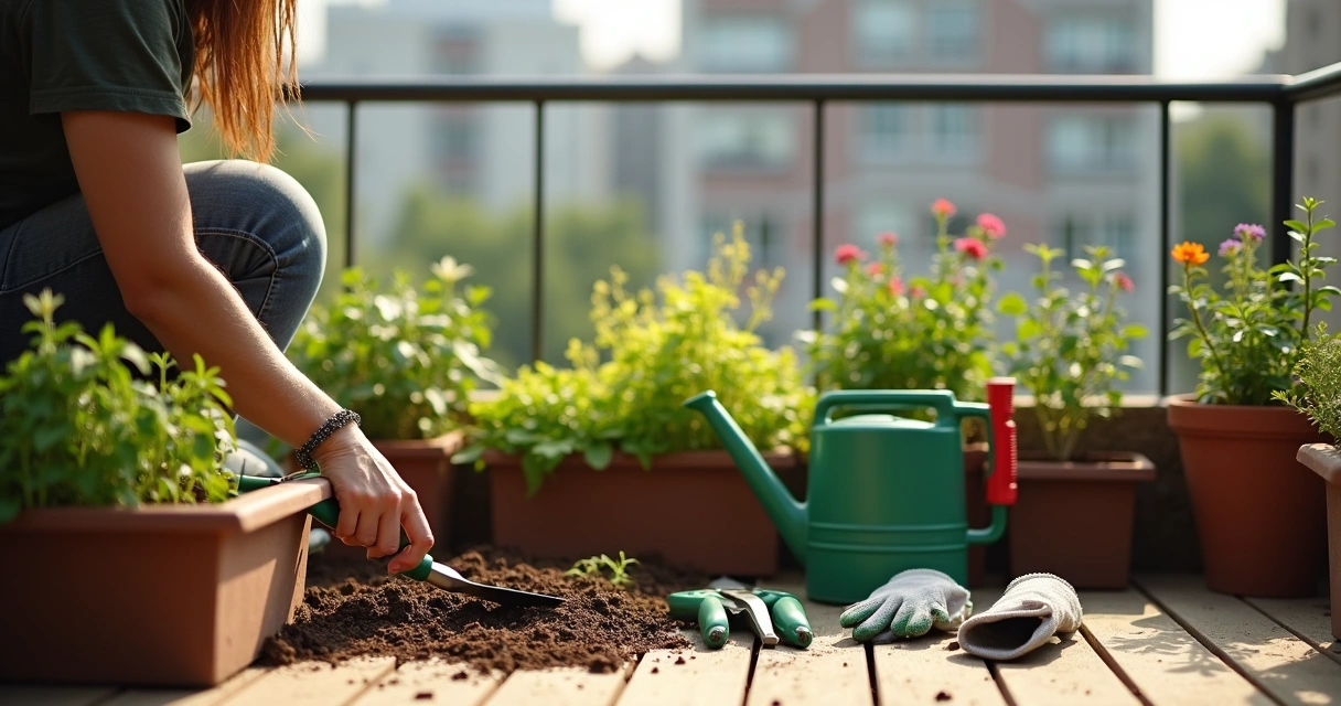 Pessoa cuidando de horta em vasos com ferramentas de jardinagem em pequena varanda 