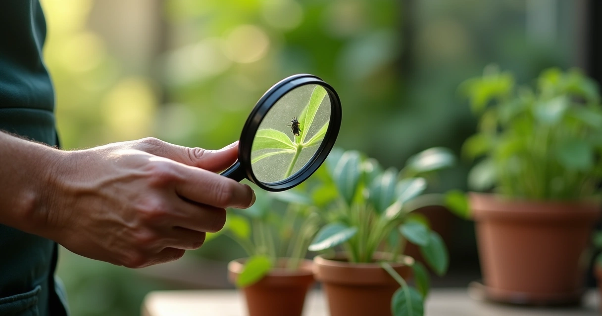 Pessoa examinando folha de planta com lupa em um jardim 