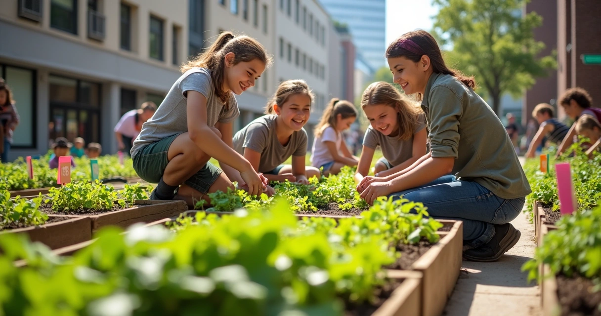 Huerto urbano con niños y adultos sembrando juntos