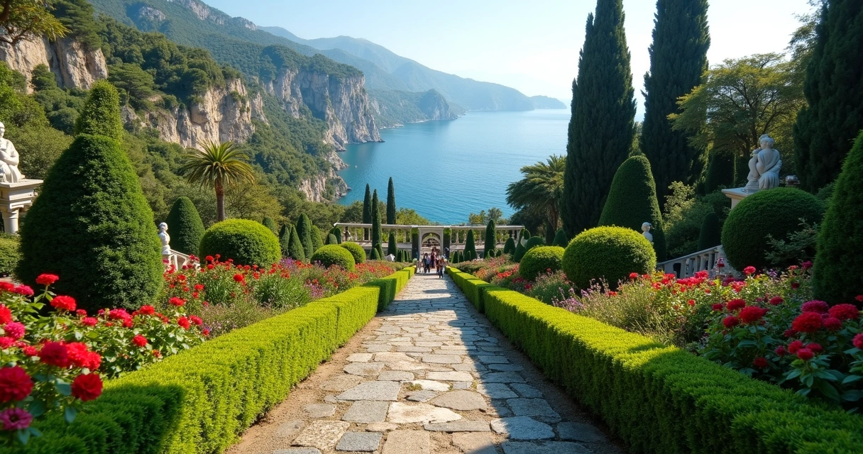 Jardins Villa Cimbrone com vista do mar em Ravello 