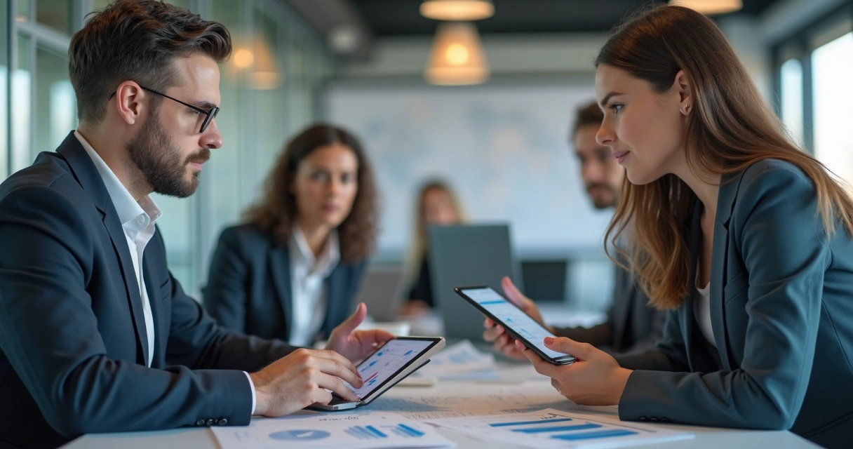Two colleagues using industry jargon in a modern office 