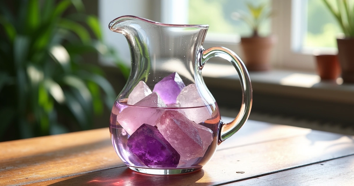 Jarra de vidro com cristais imersos em água sobre mesa de madeira 