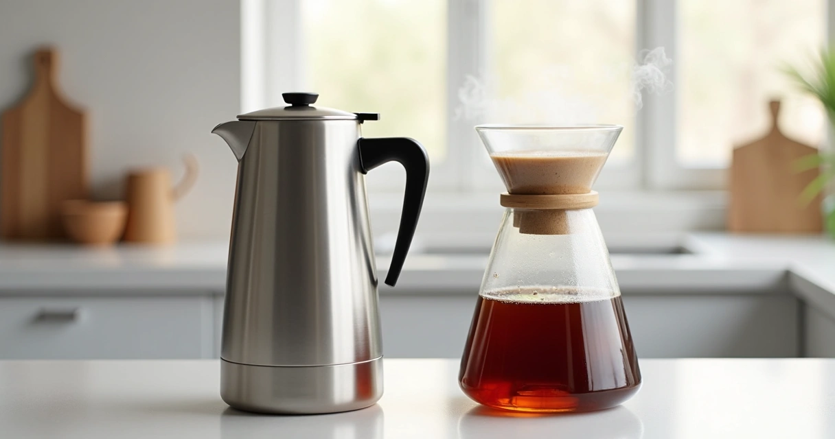 Duas jarras de cafeteira lado a lado, uma de inox e outra de vidro 
