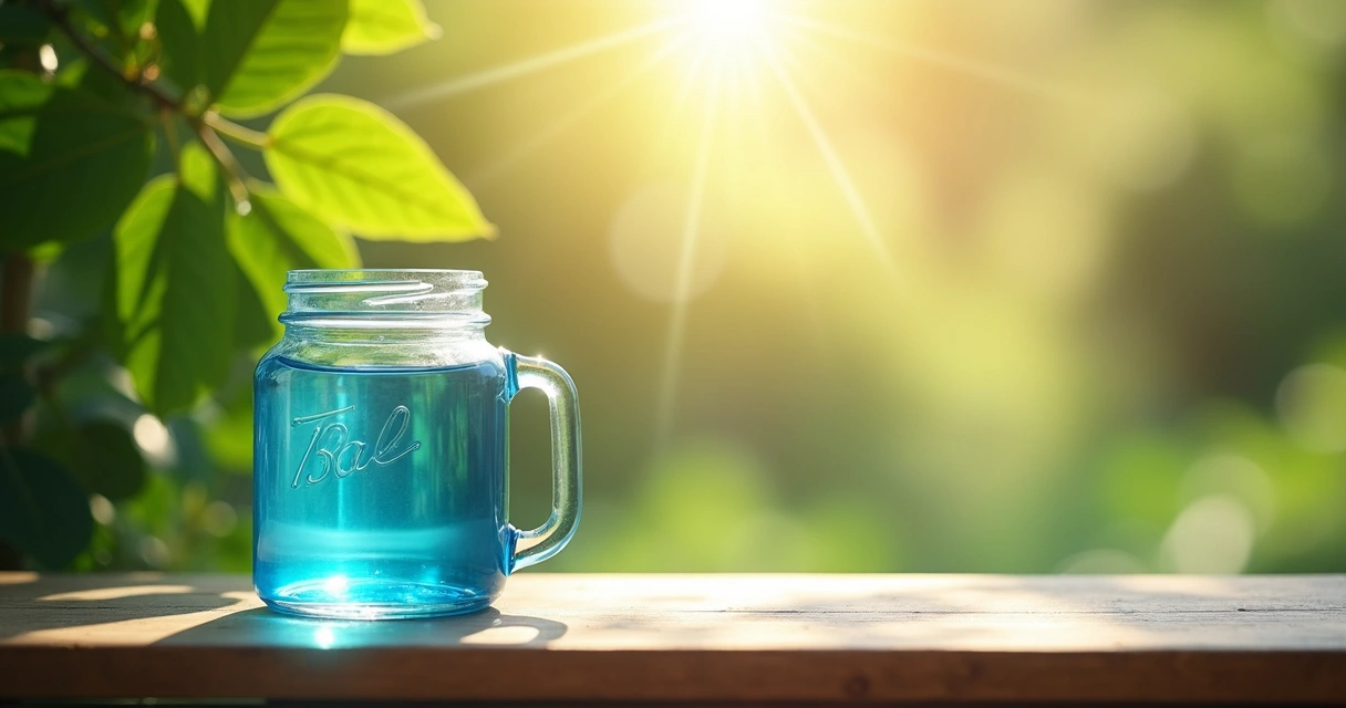 Jarra de vidro azul exposta ao sol em um jardim 