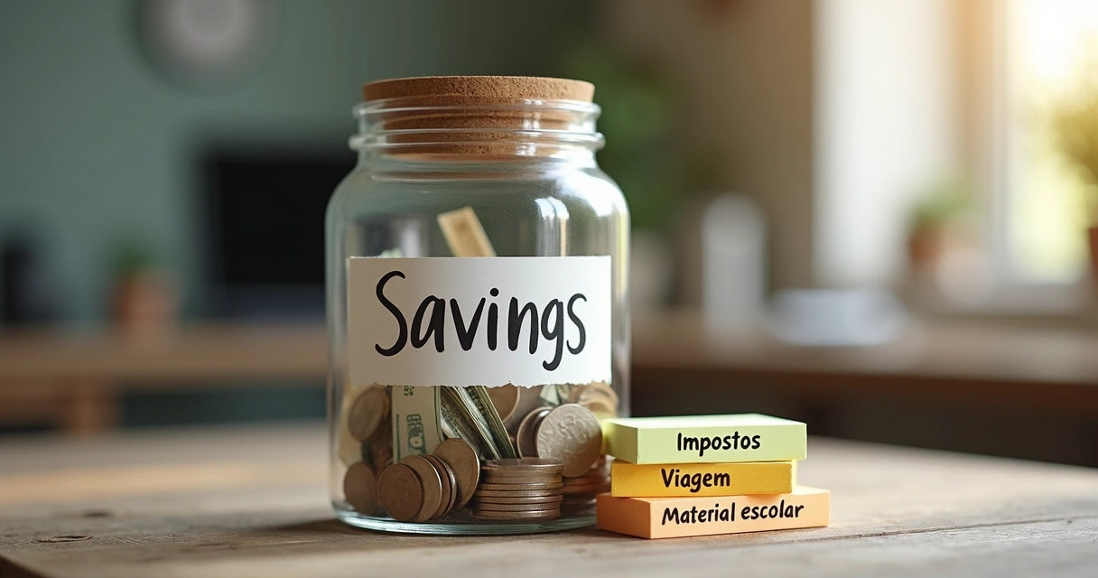 Jarro de vidro rotulado para economia com blocos de notas ao lado 