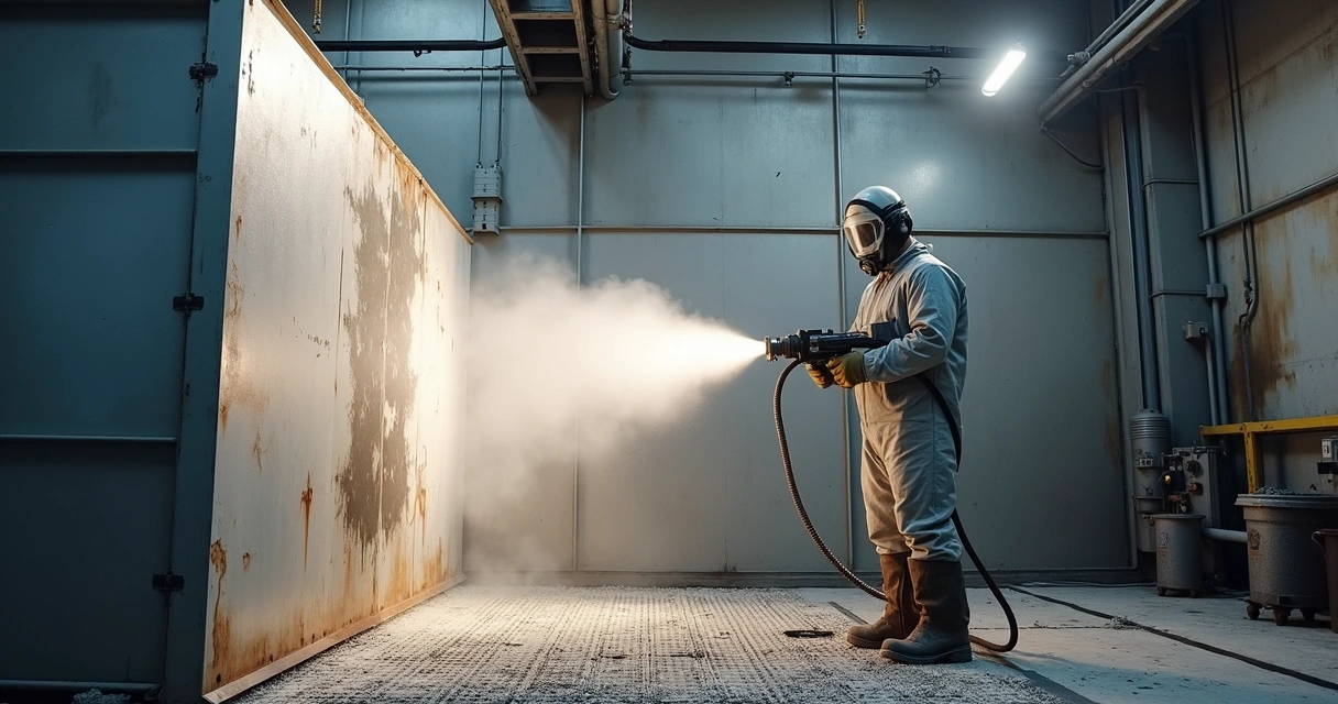 Operador realizando jateamento abrasivo em cabine industrial