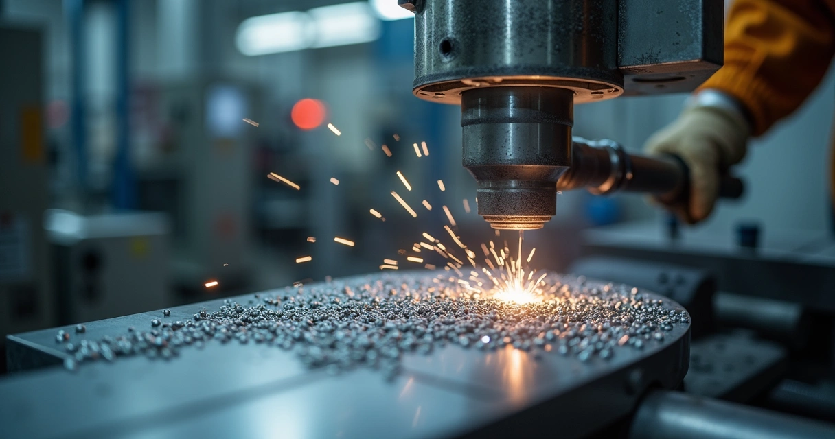 Bico lançando esferas metálicas sobre peça industrial 