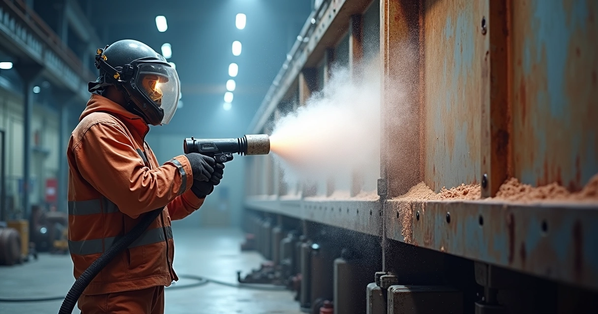 Profissional realizando jateamento ao metal quase branco com equipamentos industriais em ambiente fabril