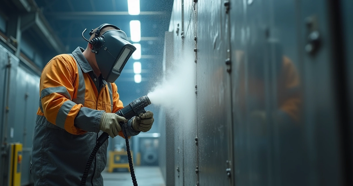 Operador realizando jateamento pesado em estrutura metálica industrial 