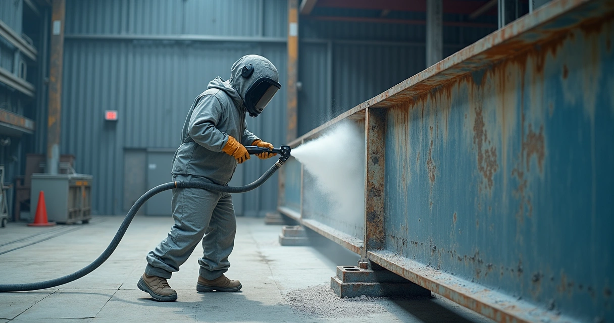 Operário realizando jateamento leve em estrutura metálica industrial