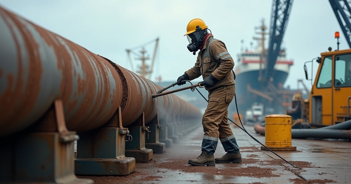 Operador fazendo jateamento em tubulação metálica offshore