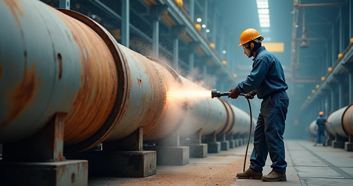 Profissional realiza jateamento em tubulação industrial exposta