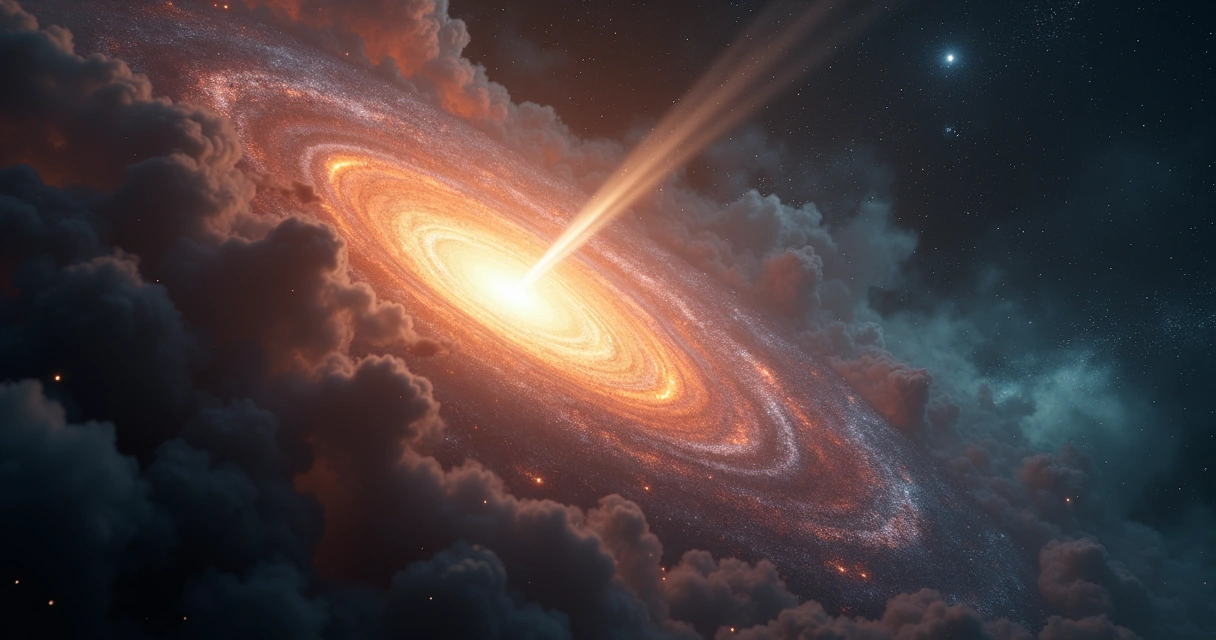 Representação de jato de hidrocarbonetos emergindo de núcleo galáctico oculto observado pelo James Webb 