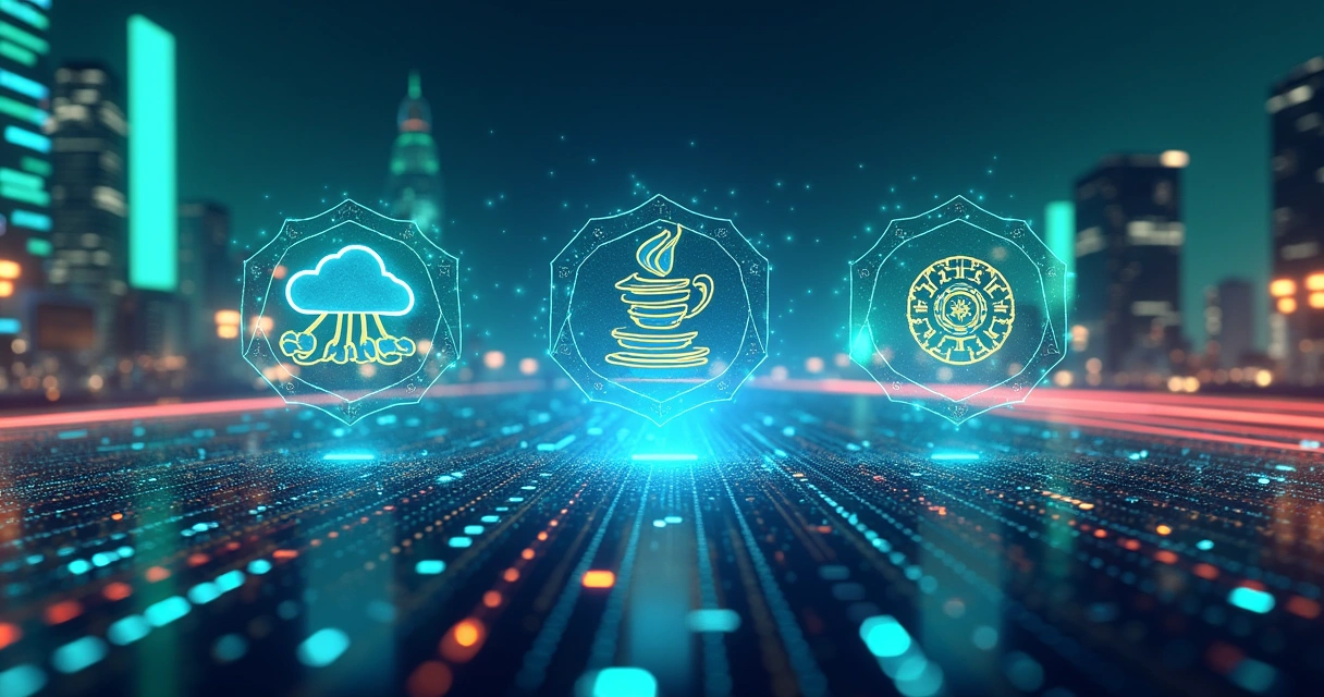 Abstract representation of Java 21 features with futuristic elements and vibrant colors showcasing coding efficiency.