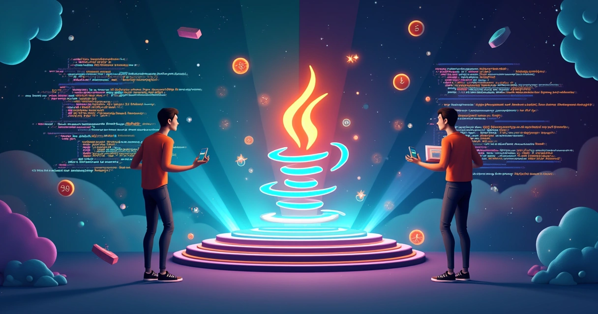 Illustration contrasting Java 21 improvements with Java 17 and 11 features in a vibrant programming scene.