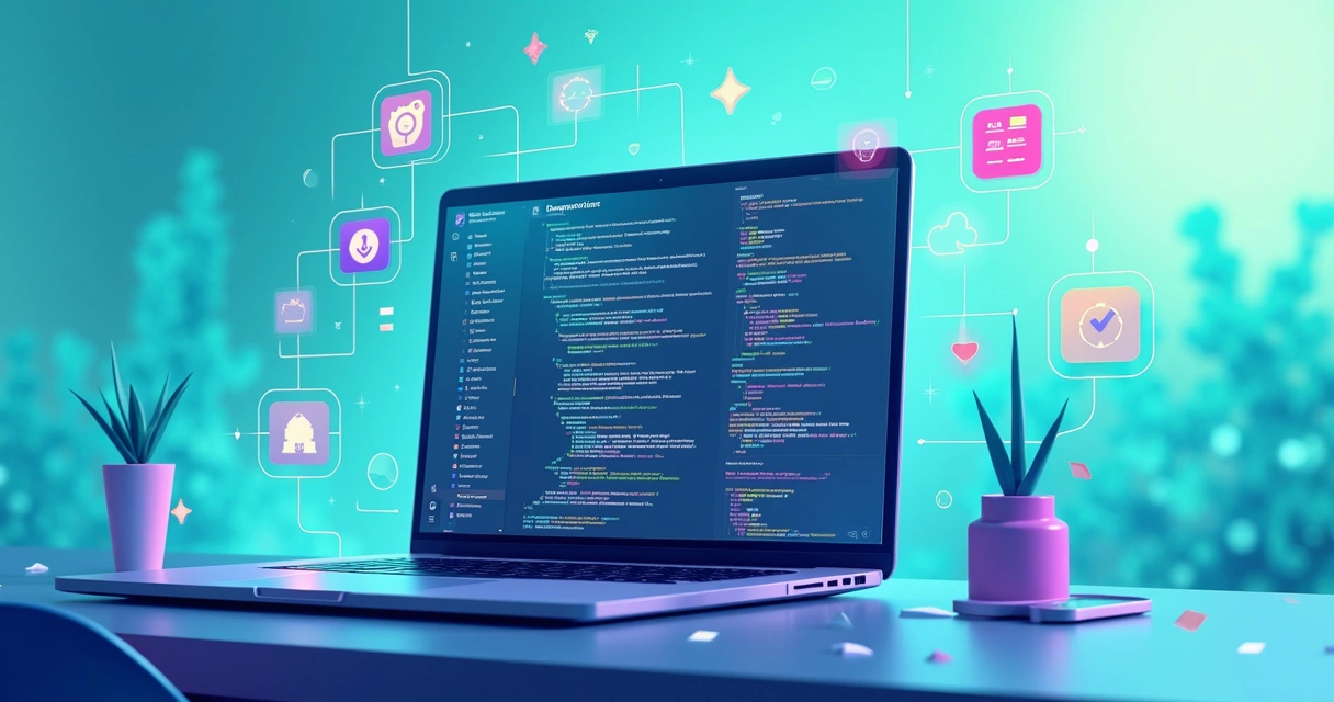 Modern tech workspace with a laptop displaying Java 21 features, showcasing innovation and efficiency.