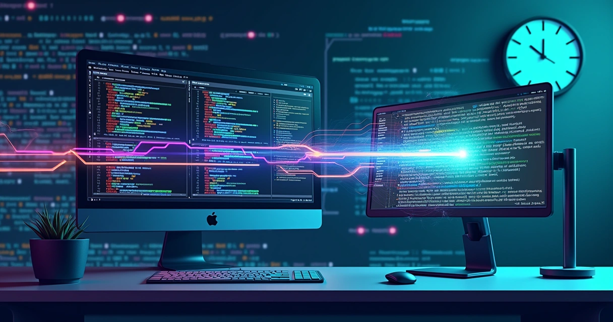 Futuristic programming environment with vibrant code optimization visuals and performance metrics.