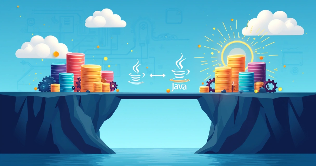 A bridge made of code connects colorful database icons to a Java logo, symbolizing JDBC interaction.