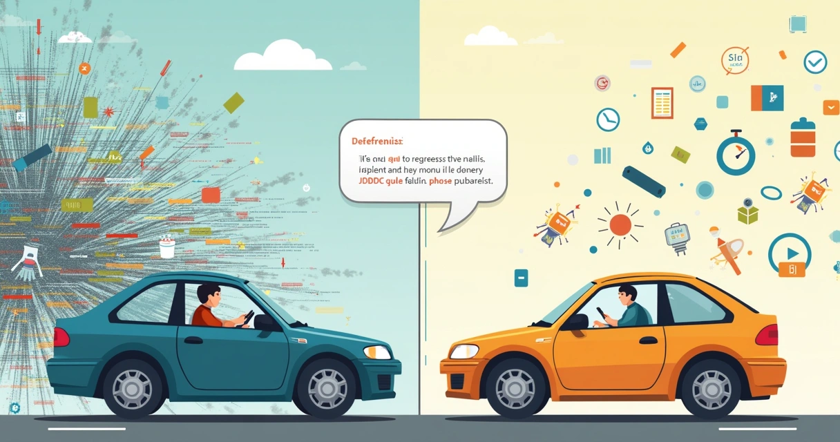 Comparison illustration of JDBC with a manual car and complex road vs JPA with an automatic car and smooth path.
