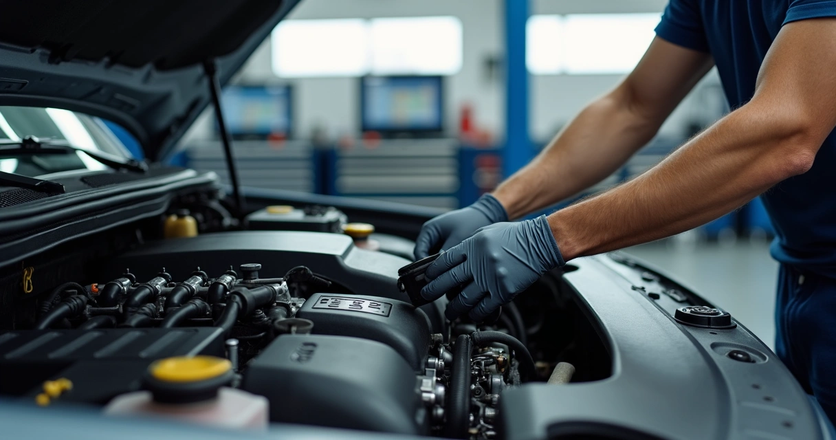 Detalhe do motor de um Jeep diesel em oficina automotiva 