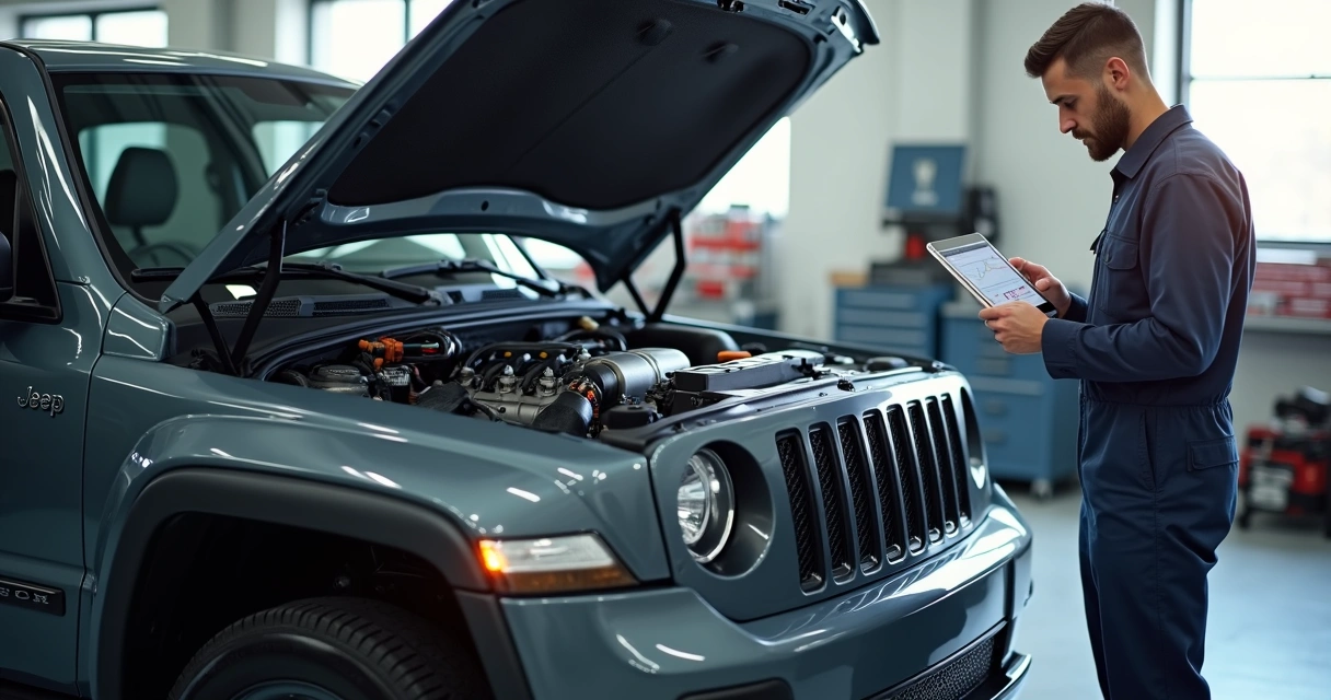 Jeep diesel em revisão com mecânico observando motor na oficina 