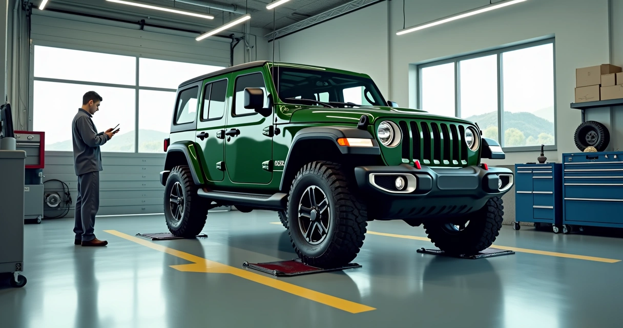 Jeep SUV levantado em elevador hidráulico em oficina em Belo Horizonte 