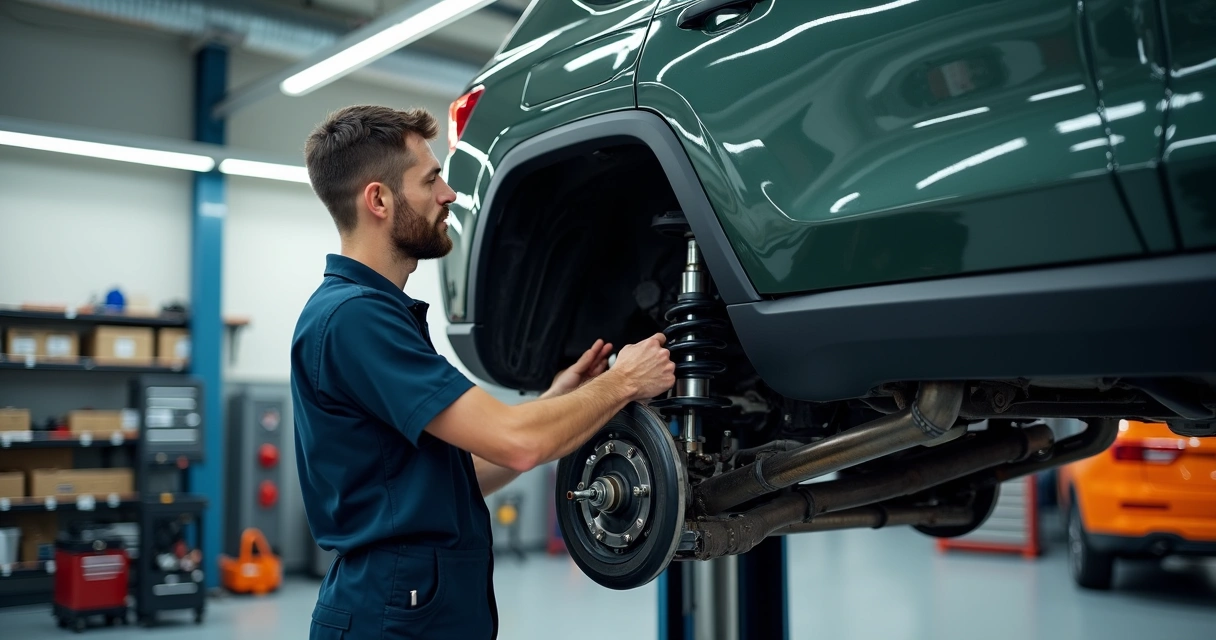 Mecânico ajustando suspensão de Jeep em oficina bem iluminada e organizada 
