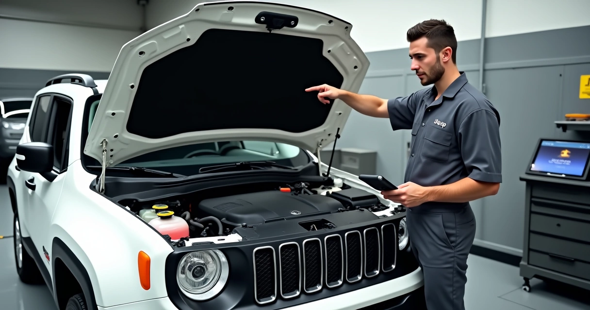 Mecânico mostrando o reservatório de arrefecimento no motor de um Jeep Renegade 