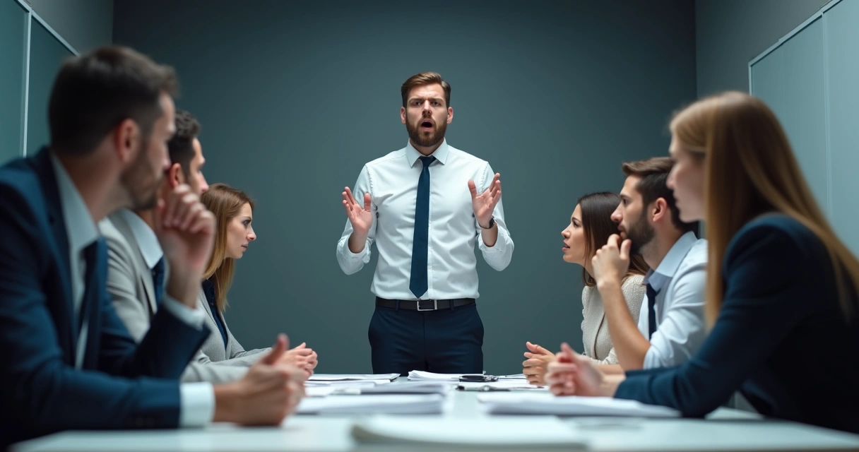 Líder en oficina levantando la voz, personas confundidas a su alrededor, ambiente tenso 