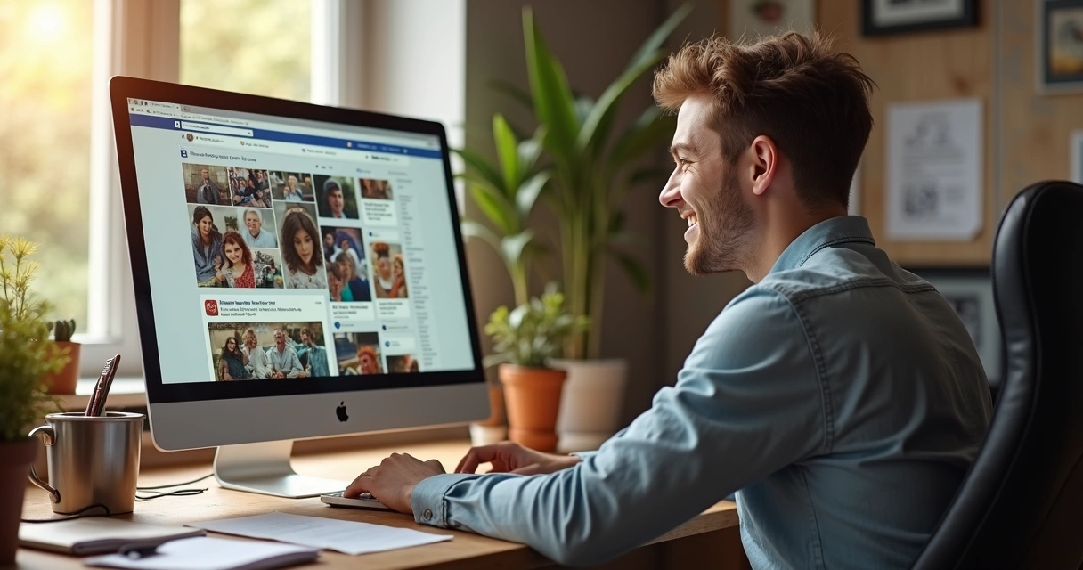 Homem sorrindo em frente ao computador com memes na tela e papéis espalhados