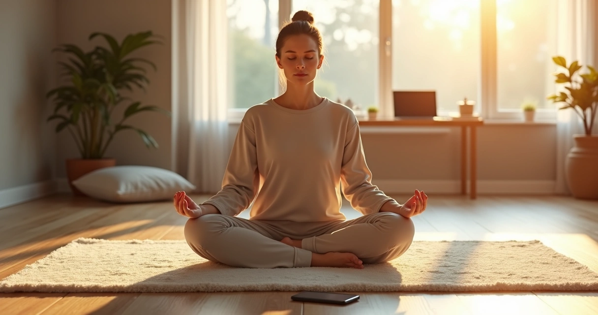 Pessoa sentada meditando em sala tranquila enquanto o celular permanece desligado ao lado 