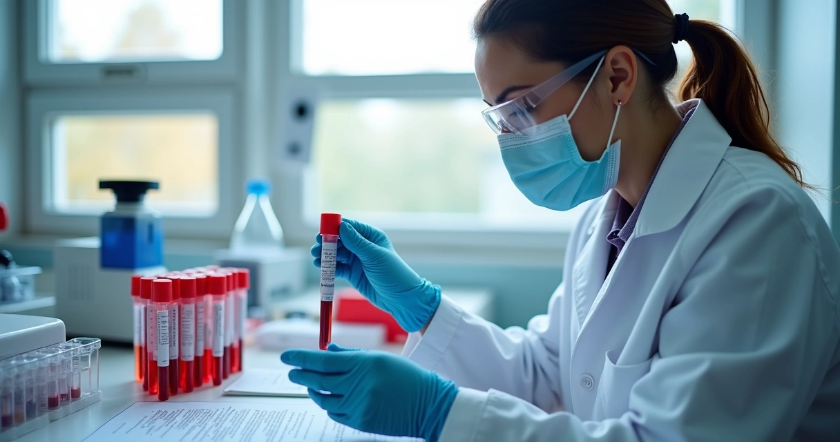 Profissional de saúde analisando tubos de sangue em laboratório 