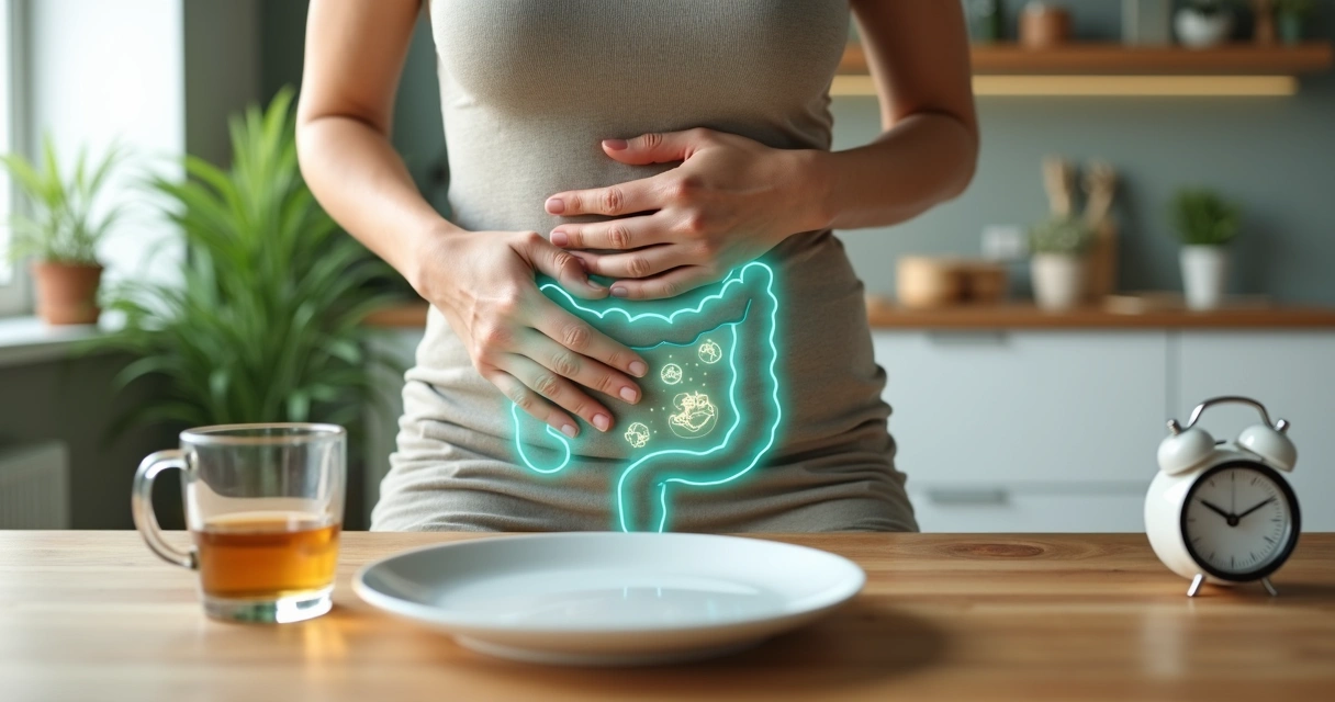 Mulher em jejum intermitente segurando o abdômen com ilustração de intestino saudável 