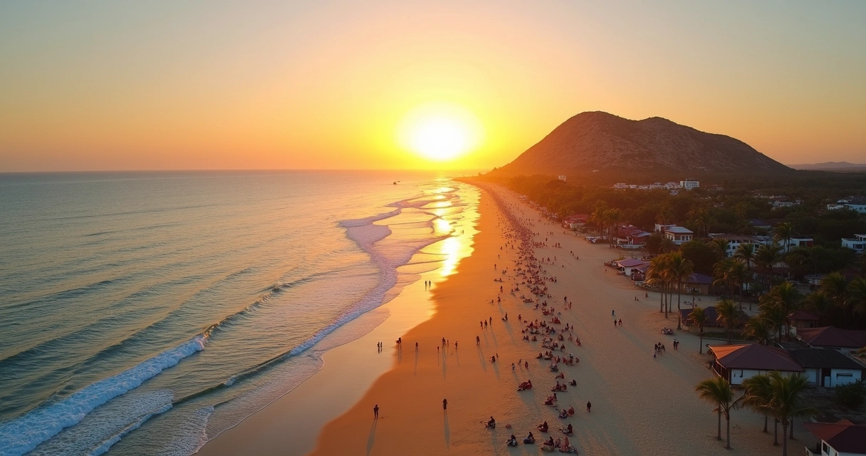 Vista da praia de Jericoacoara com duna do pôr do sol ao fundo ao entardecer 