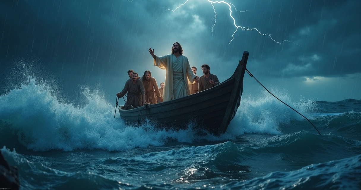 Barco pequeno em tempestade forte com Jesus em pé acalmando o mar e os ventos 