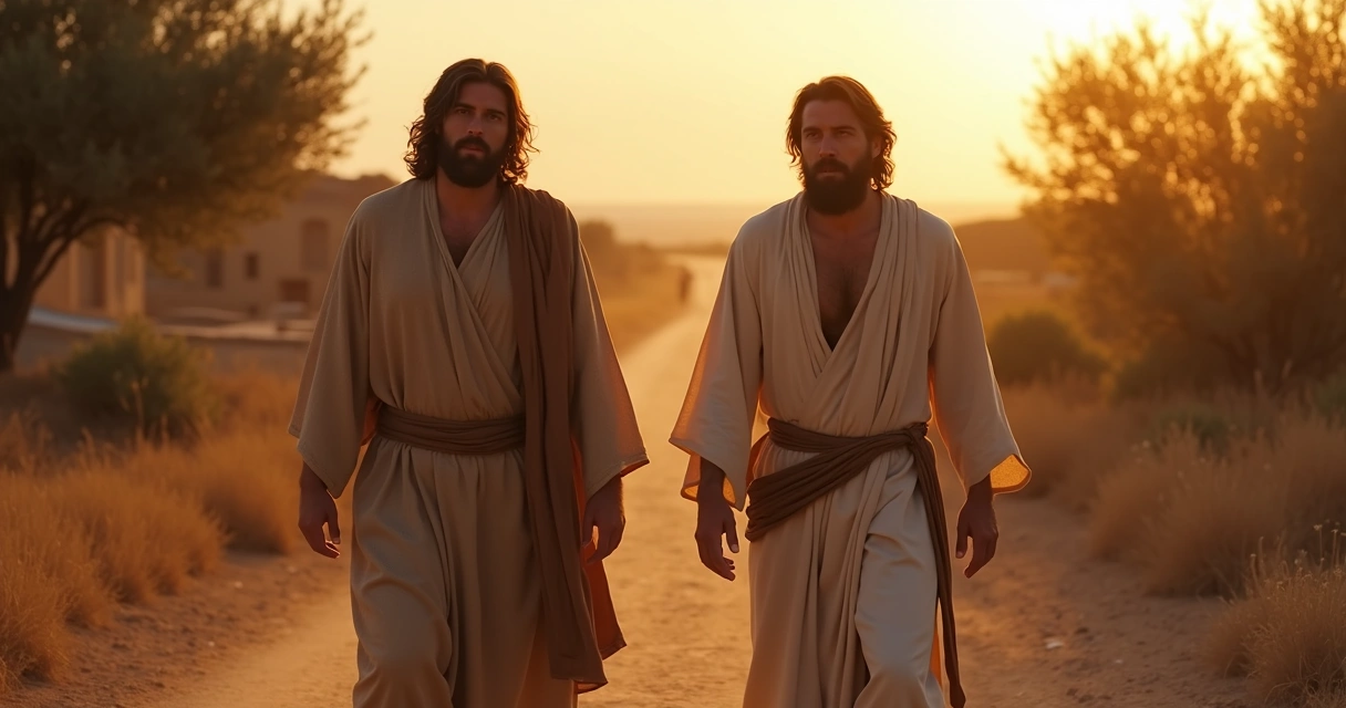 Jesus caminhando com dois discípulos em estradinha poeirenta ao entardecer 