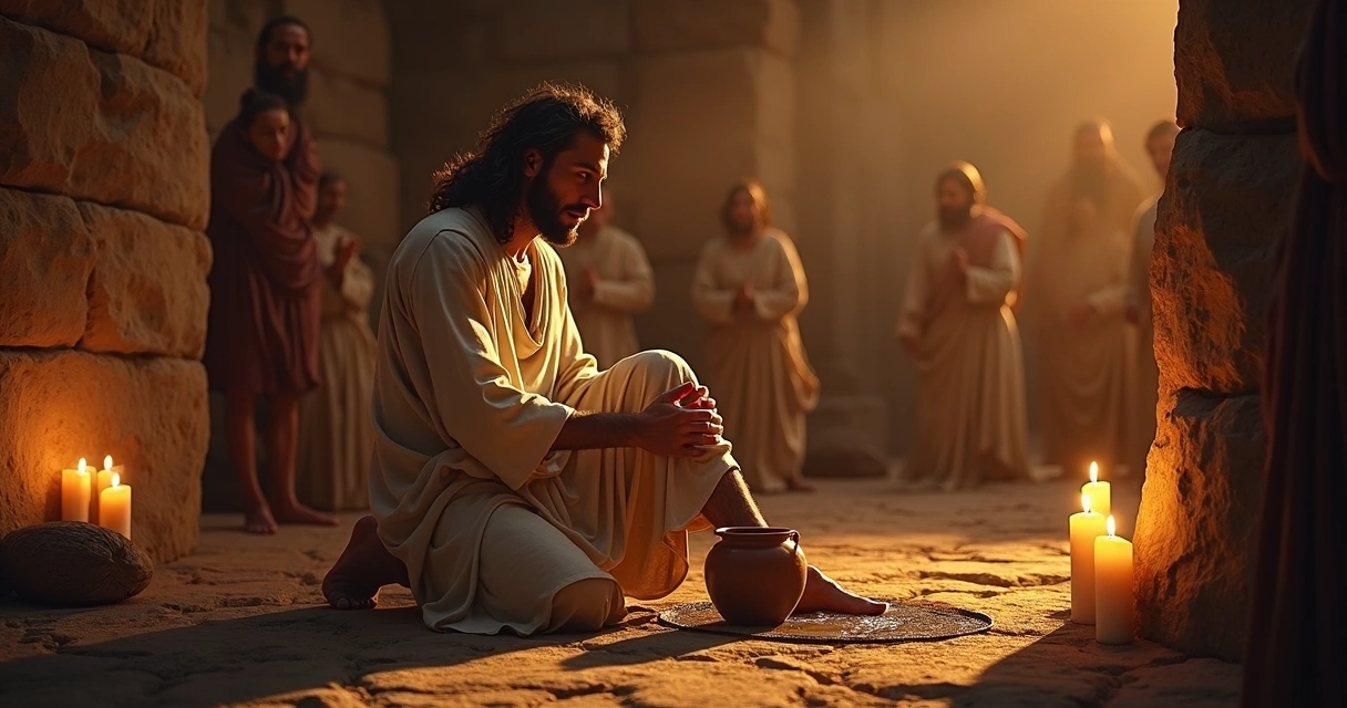 Jesus lavando os pés dos discípulos com toalha e jarro de água em sala simples 