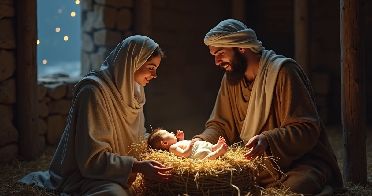 Jesus bebê deitado em manjedoura simples com mãe e pai ao lado 