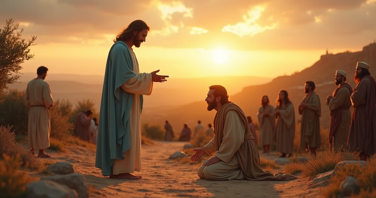 Jesus acolhendo pessoa arrependida em paisagem bíblica ao pôr do sol 