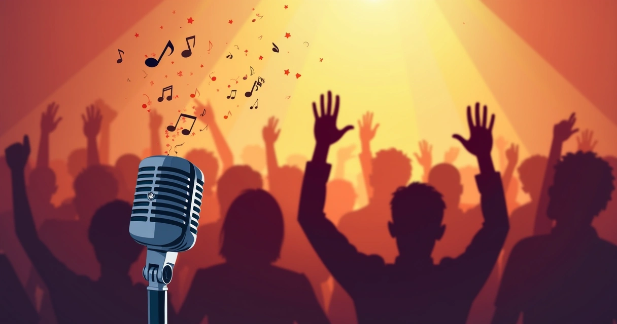 Microfone e notas musicais com público nas sombras, representando jingle político 