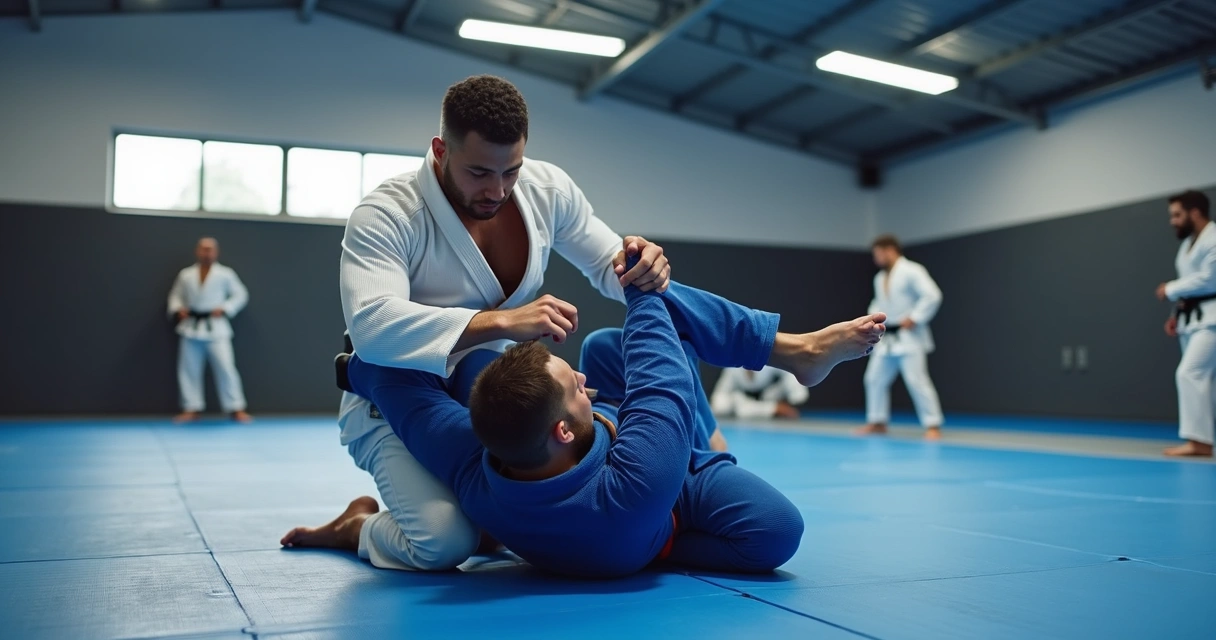 Lutador de Jiu-Jitsu executando raspagem em tatame 