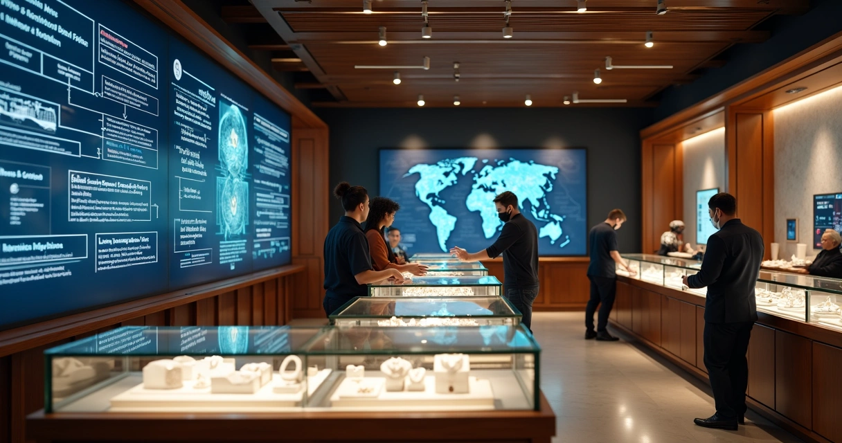 Sistema de automação em joalheria mostrando integrações digitais 