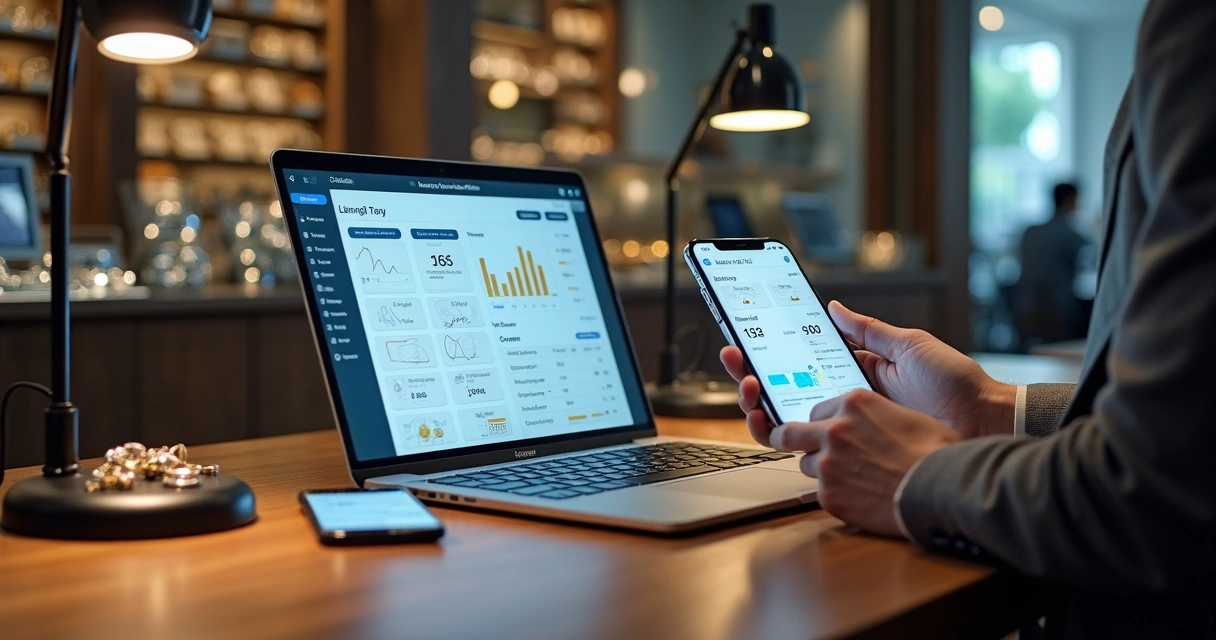 Joalheiro usando tablet com painel financeiro integrado em joalheria moderna 