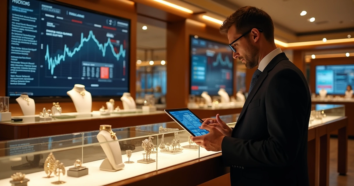 Joalheria com telas digitais exibindo gráficos financeiros ao fundo 