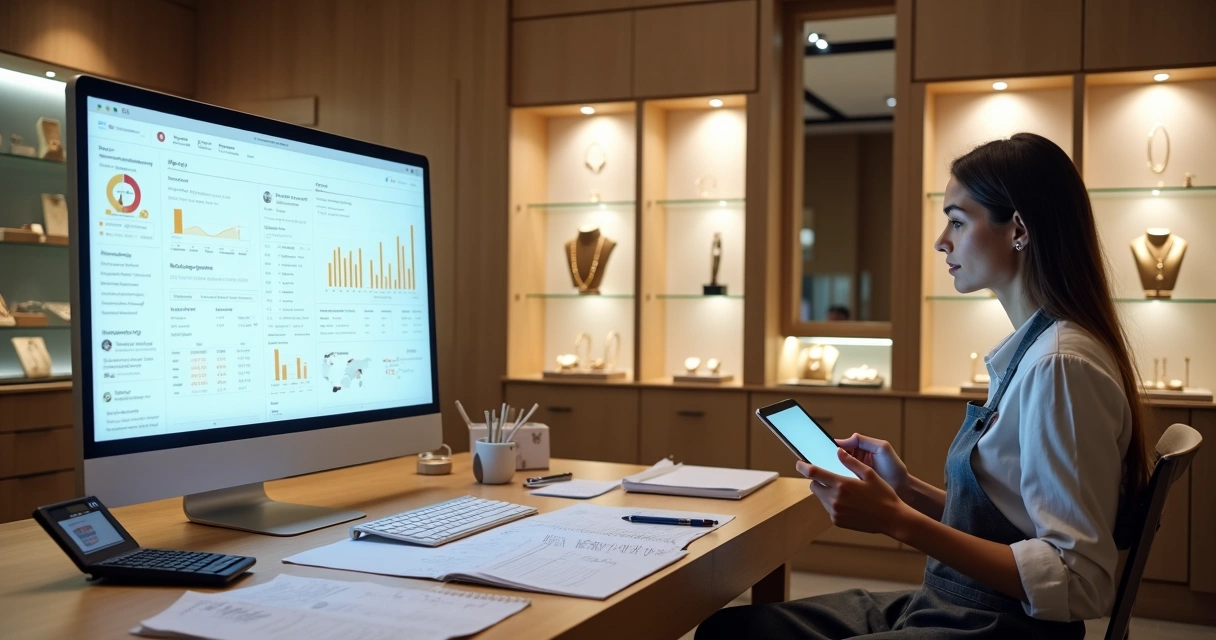Joalheira analisando sistema digital de gestão ao lado de planilhas impressas 